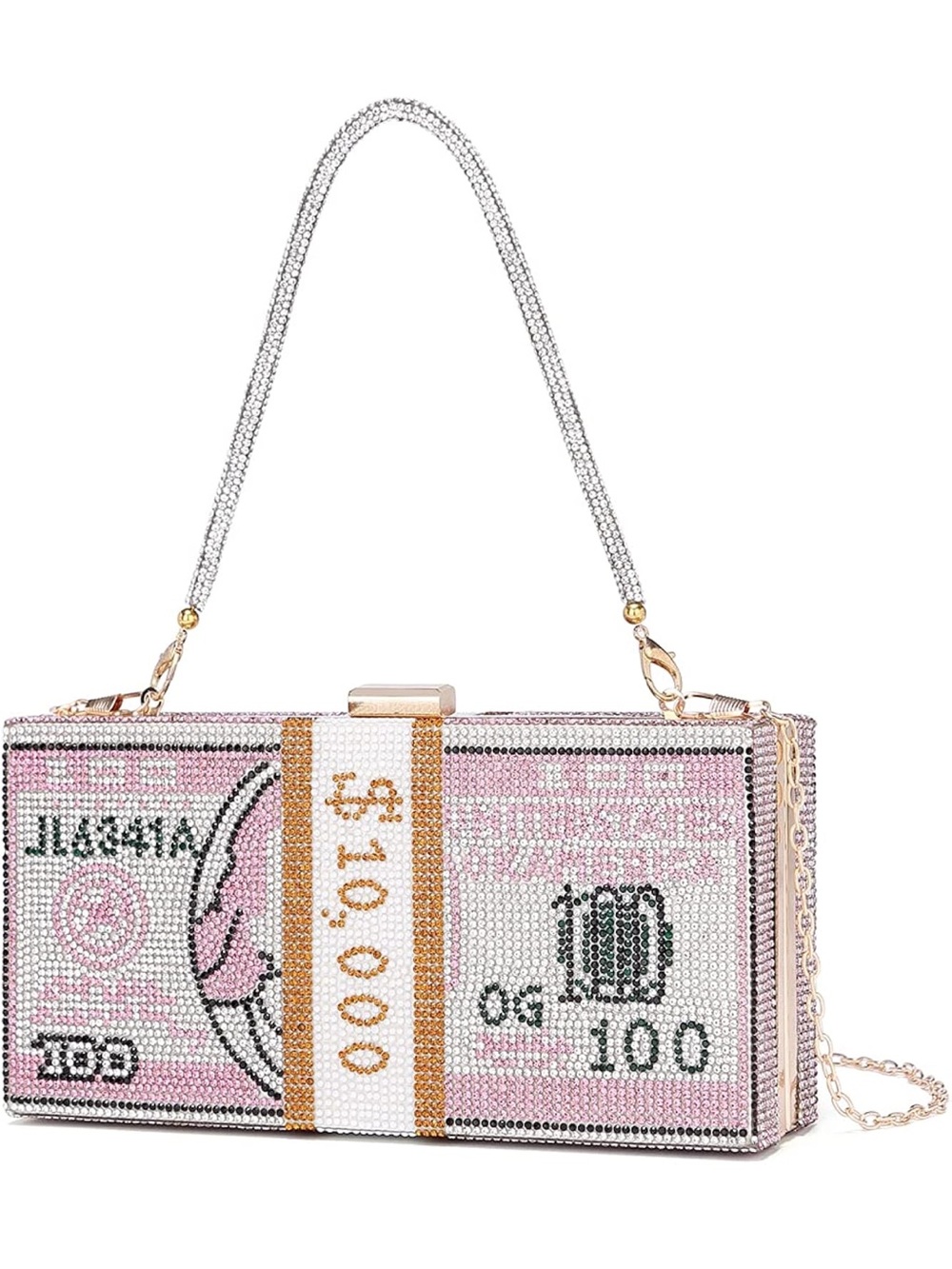 Crystal Embellished Pink Money-Print Box Clutch with Chain Strap